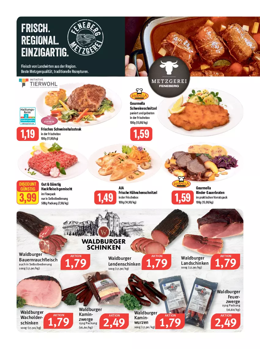 Aktueller Prospekt Feneberg - Prospekte - von 19.10 bis 21.10.2023 - strona 2 - produkty: auer, Bau, Bauer, braten, burger, discount, eis, elle, fleisch, Frische Hähnchen, hackfleisch, hackfleisch gemischt, Hähnchenschnitzel, Kamin, Kaminwurz, landschinken, Rauch, rezept, rind, rinder, schinken, schnitzel, schwein, schweine, schweineschnitzel, steak, Ti, tisch, wein, weine