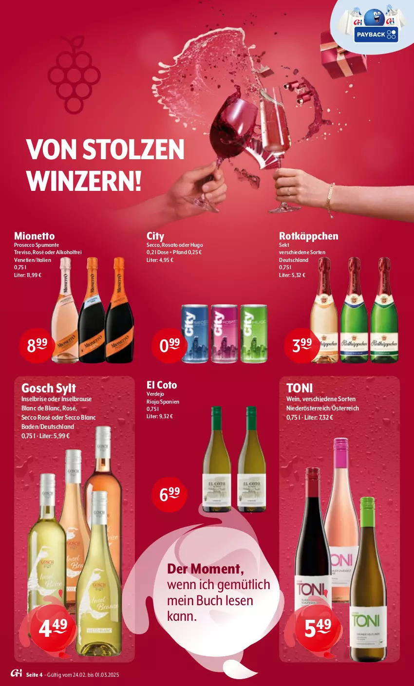 Aktueller Prospekt Getraenke Hoffmann - Prospekte - von 24.02 bis 01.03.2025 - strona 4 - produkty: alkohol, Bad, brause, buch, ecco, erde, hugo, mionetto, prosecco, puma, rioja, rosato, rotkäppchen, sekt, spumante, Ti, wein