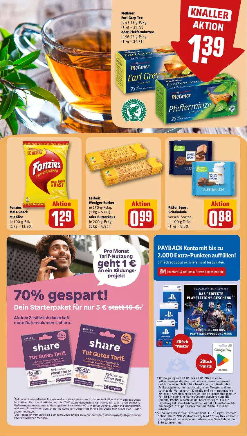 Aktueller Prospekt Rewe - Prospekte - von 22.04 bis 27.04.2024 - strona 15 - produkty: allnet flat, auer, butter, butterkeks, coupon, ente, Käse, keks, lays, leibniz, mais, Meßmer, payback, pfeffer, PlayStation, ritter, ritter sport, rwe, schoko, schokolade, snack, sony, spee, Spiele, Sport, tee, Ti, ZTE, zucker