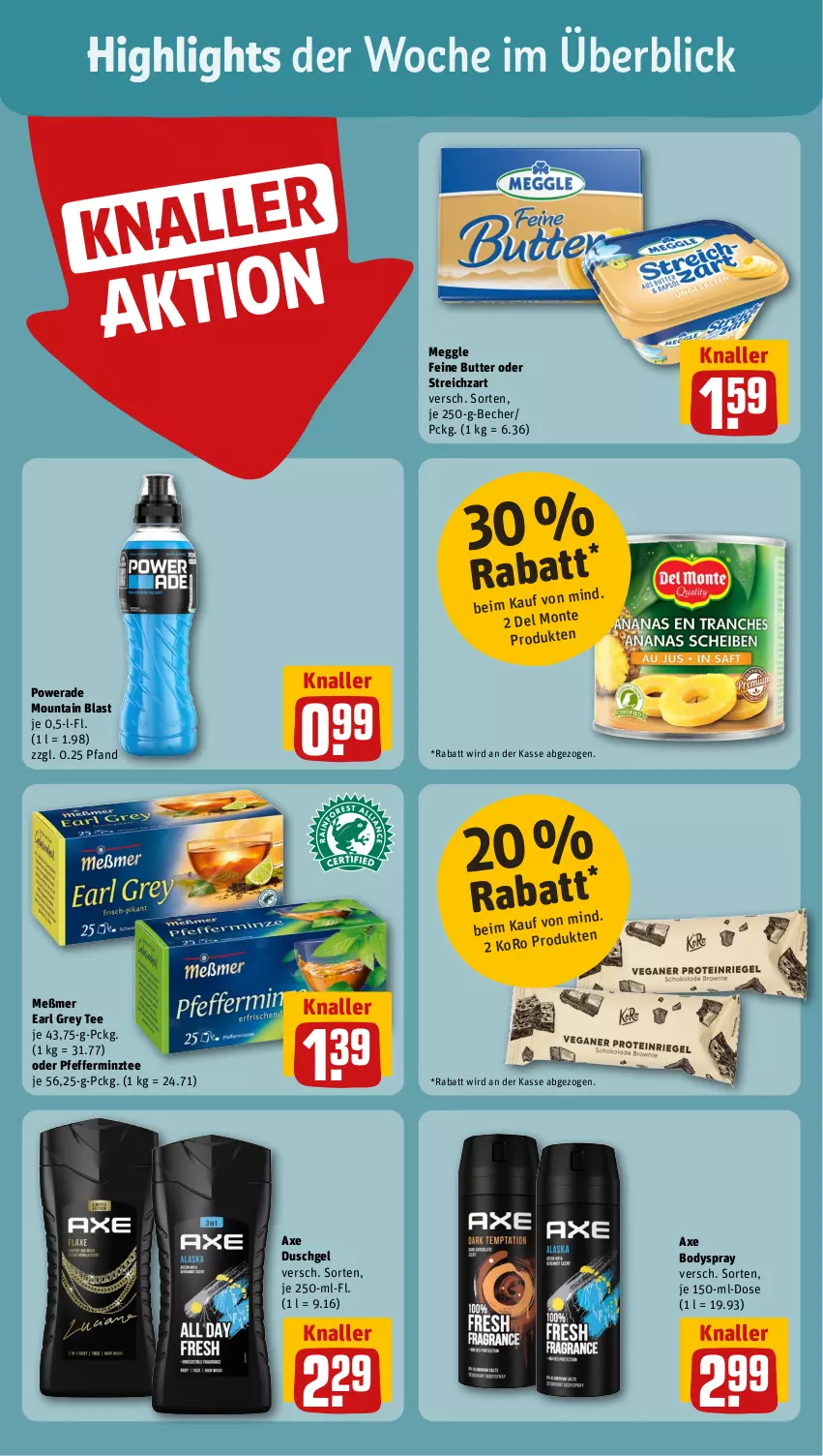 Aktueller Prospekt Rewe - Prospekte - von 22.04 bis 27.04.2024 - strona 2 - produkty: axe, axe duschgel, Becher, body, bodyspray, butter, duschgel, meggle, Meßmer, pfeffer, Streichzart, tee, ZTE