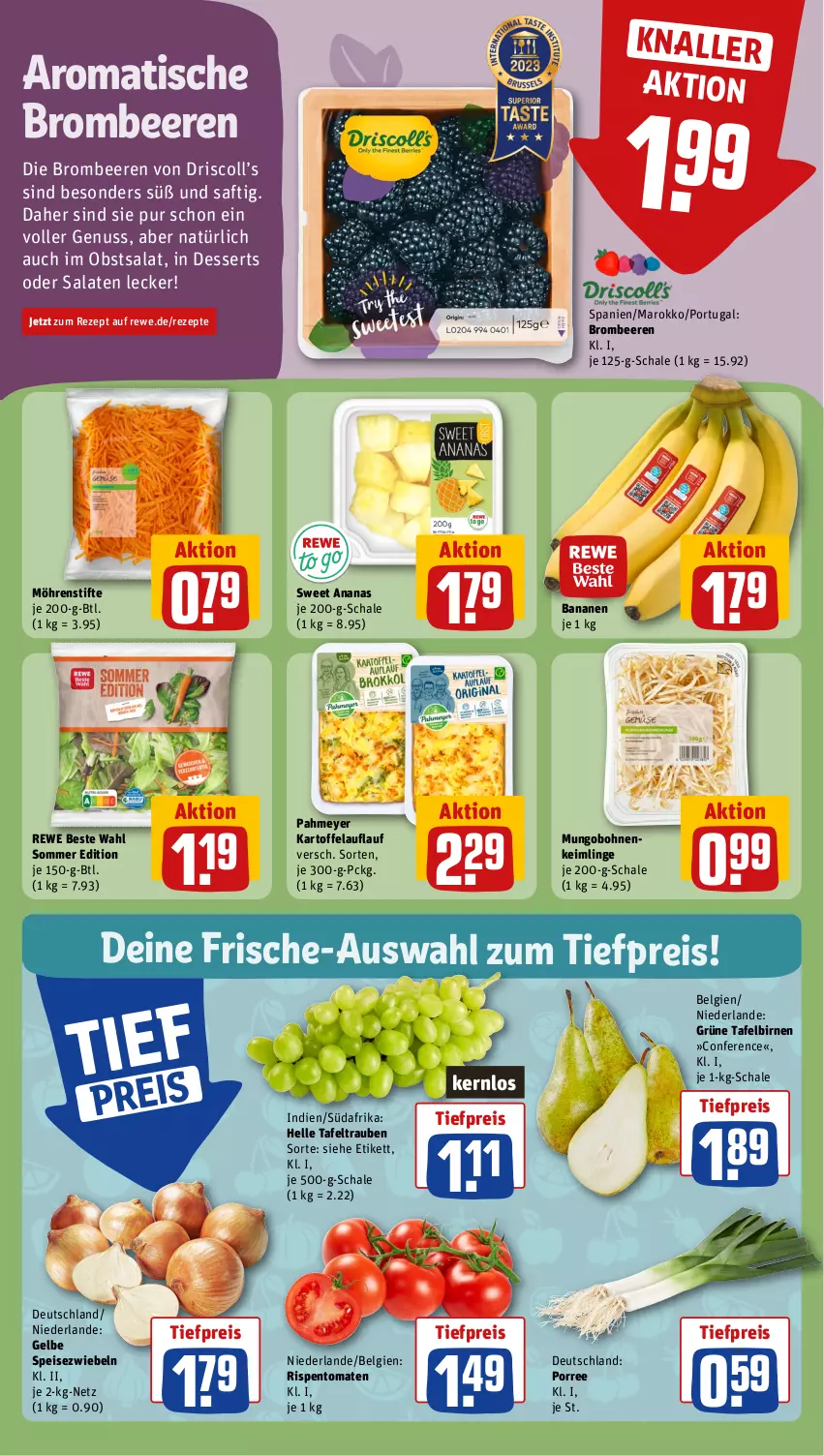 Aktueller Prospekt Rewe - Prospekte - von 22.04 bis 27.04.2024 - strona 6 - produkty: ananas, banane, bananen, beere, beeren, Birnen, bohne, bohnen, brombeere, brombeeren, dessert, desserts, eis, elle, kartoffel, LG, möhren, nuss, obst, reis, rewe beste wahl, rezept, rezepte, rispentomaten, saft, salat, salate, Schal, Schale, Speisezwiebeln, stifte, sweet ananas, tafelbirnen, tafeltrauben, Ti, tiefpreis, tisch, tomate, tomaten, trauben, zwiebel, zwiebeln