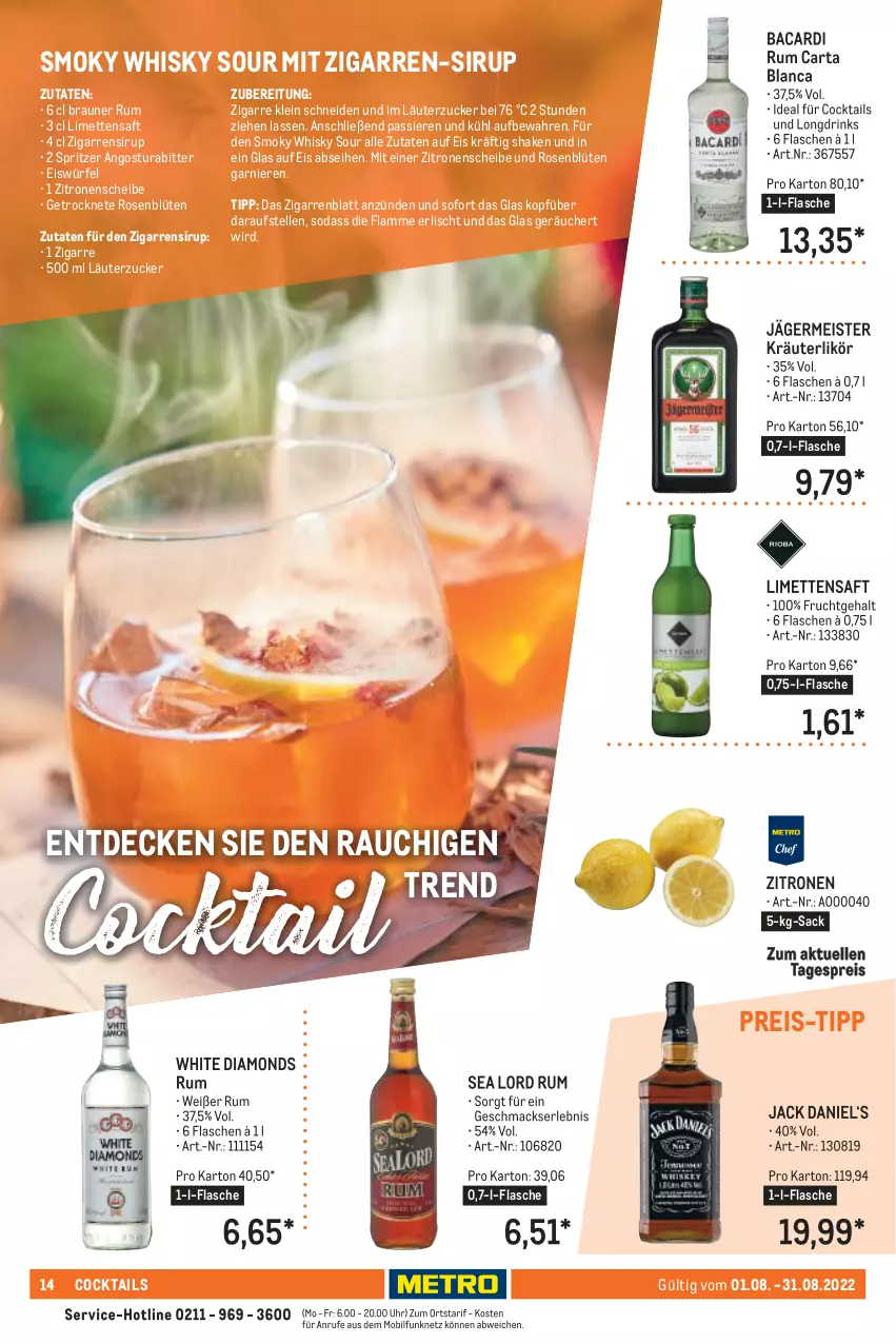 Aktueller Prospekt Metro - Lieferservice Aktuell - von 01.08 bis 31.08.2022 - strona 14 - produkty: bacardi, bacardi rum, Blüte, braun, cocktail, cocktails, decke, drink, drinks, eis, eiswürfel, elle, flasche, frucht, garnier, Germ, jack daniel, jägermeister, kräuter, kräuterlikör, lamm, likör, limette, limetten, mac, Meister, Mett, metten, Rauch, reis, rosen, rum, sac, saft, shake, sirup, Soda, Ti, uhr, whisky, würfel, zitrone, zitronen, zucker