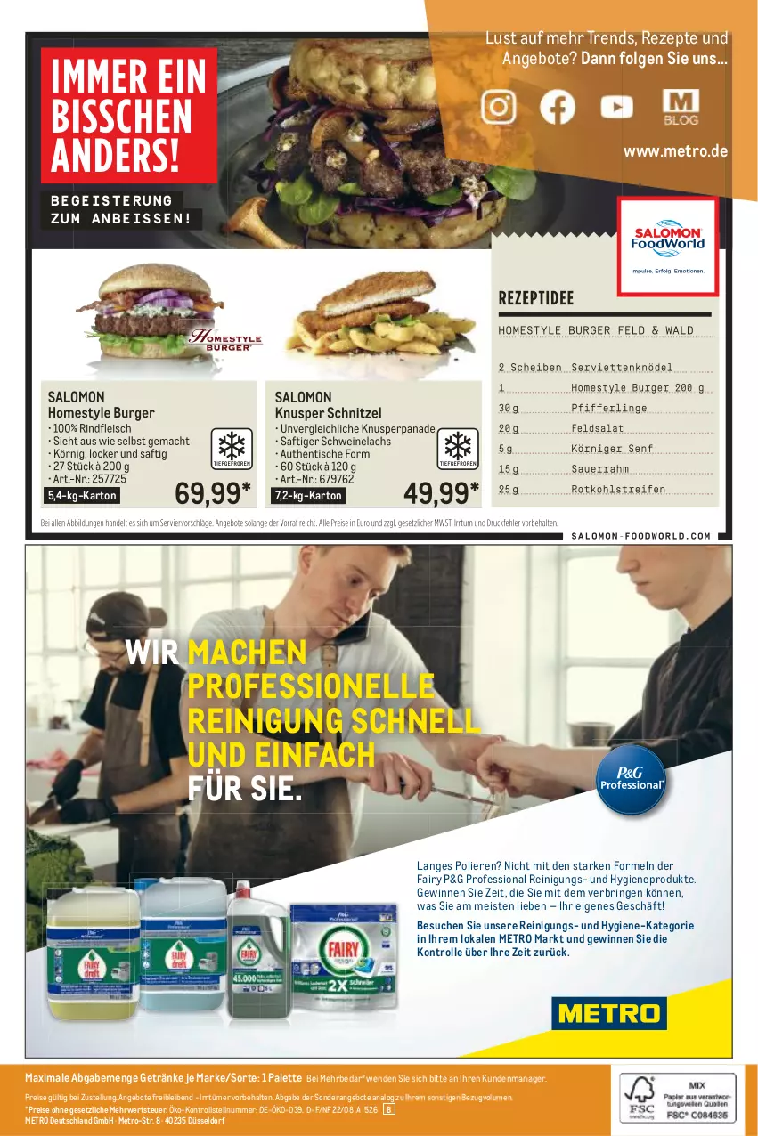 Aktueller Prospekt Metro - Lieferservice Aktuell - von 01.08 bis 31.08.2022 - strona 20 - produkty: angebot, angebote, auer, burger, eis, elle, fairy, feldsalat, fleisch, getränk, getränke, Knödel, lachs, LG, mac, Metro, Palette, Pfifferlinge, reifen, Reinigung, reis, rezept, rezepte, rind, rindfleisch, ring, rotkohl, rwe, saft, salat, salomon, Sauerrahm, schnitzel, schwein, schweine, Schweinelachs, senf, Serviette, servietten, Ti, tisch, wein, weine