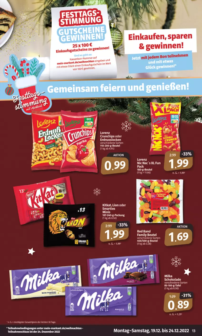 Aktueller Prospekt Markant - Prospekte - von 19.12 bis 24.12.2022 - strona 13 - produkty: beutel, chips, crunchips, erdnuss, gutschein, gutscheine, kitkat, lion, lorenz, lorenz crunchips, nuss, schoko, schokolade, smarties, Ti