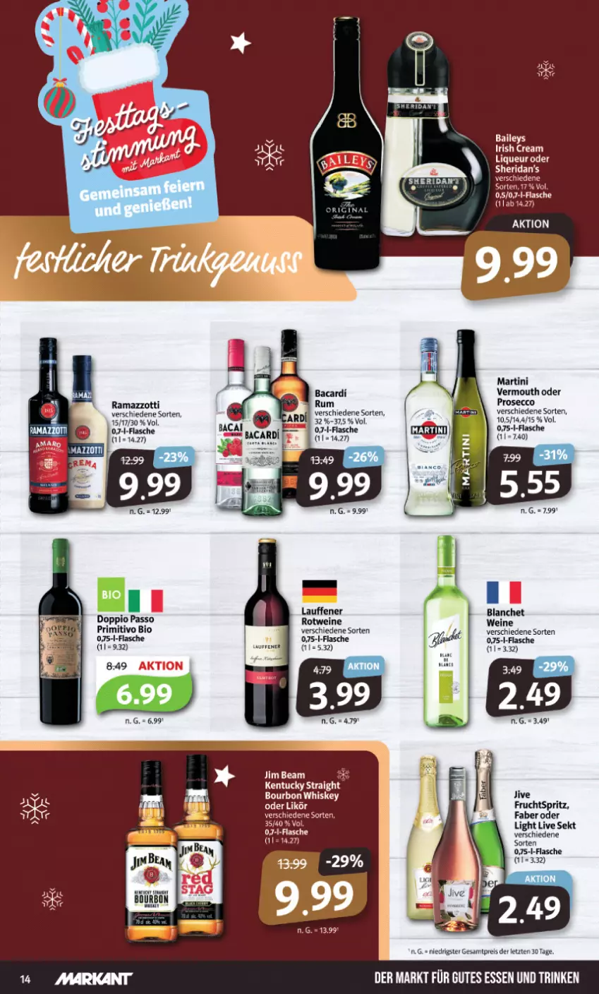 Aktueller Prospekt Markant - Prospekte - von 19.12 bis 24.12.2022 - strona 14 - produkty: bacardi, baileys, bio, bourbon, bourbon whiskey, doppio passo, ecco, eis, flasche, frucht, irish cream, liqueur, martini, meica, passo, primitivo, prosecco, rama, ramazzott, ramazzotti, reis, rotwein, rum, sekt, Ti, Vermouth, wein, weine, whiskey, zott, ZTE