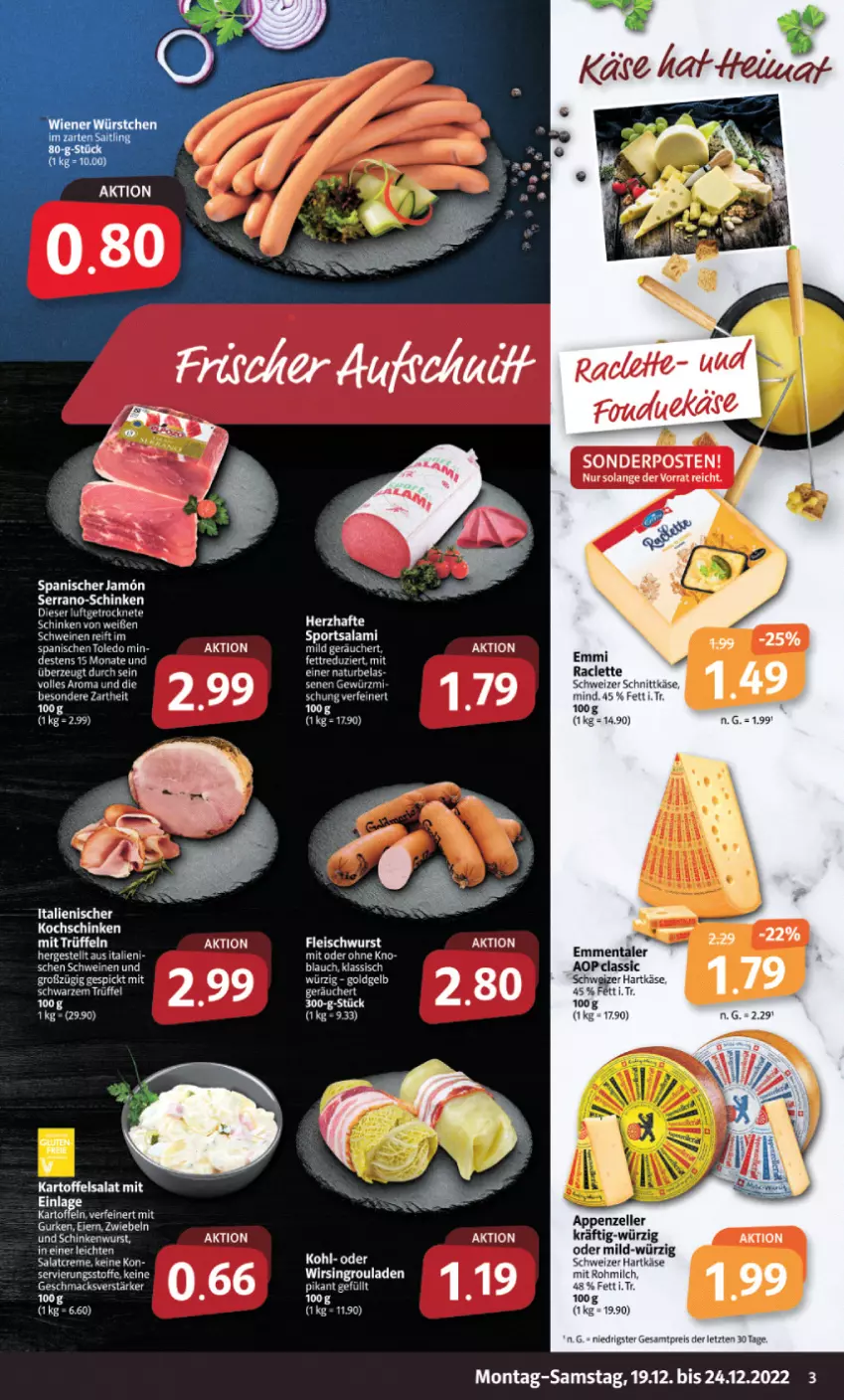 Aktueller Prospekt Markant - Prospekte - von 19.12 bis 24.12.2022 - strona 3 - produkty: appenzeller, eier, eis, elle, emmentaler, fleisch, fleischwurst, gewürz, gurke, gurken, hartkäse, kartoffel, kartoffelsalat, Käse, mac, milch, natur, reis, rouladen, salami, salat, schinken, schinkenwurst, schwein, schweine, schweizer hartkäse, sonderposten, Sport, Ti, Trüffel, wein, weine, Wirsing, wurst, ZTE, zwiebel, zwiebeln