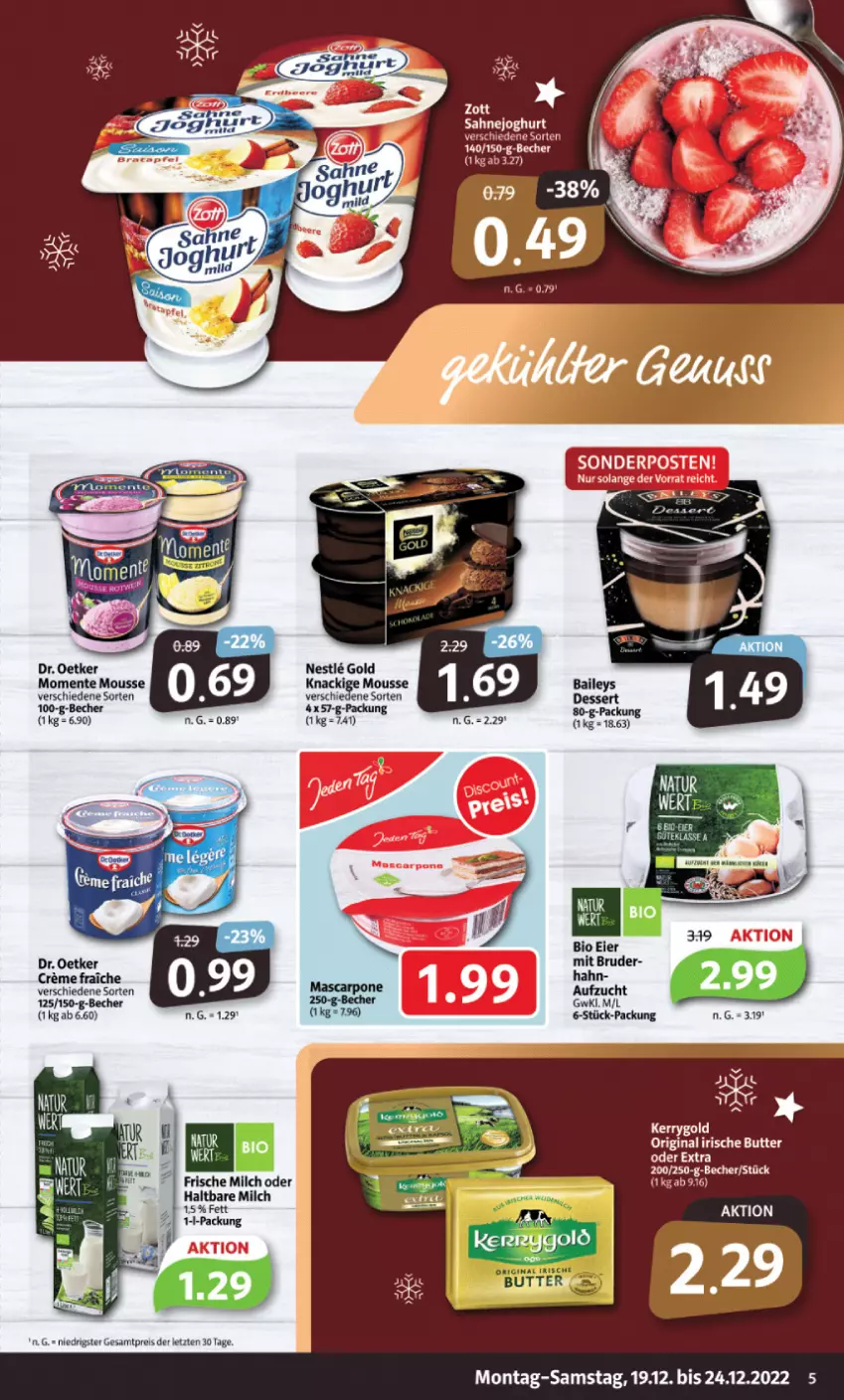 Aktueller Prospekt Markant - Prospekte - von 19.12 bis 24.12.2022 - strona 5 - produkty: baileys, Becher, butter, dessert, Dr. Oetker, eis, ente, frische milch, gin, haltbare milch, irische butter, joghur, joghurt, Knackige Mousse, milch, mousse, reis, sahne, Sahnejoghurt, Ti, ZTE