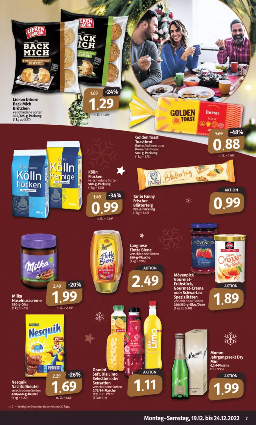 Aktueller Prospekt Markant - Prospekte - von 19.12 bis 24.12.2022 - strona 7 - produkty: blätterteig, brötchen, creme, eis, korn, langnese, lieken, limo, reis, saft, Schwartau, Spezi, tante fanny, Ti, urkorn, ZTE