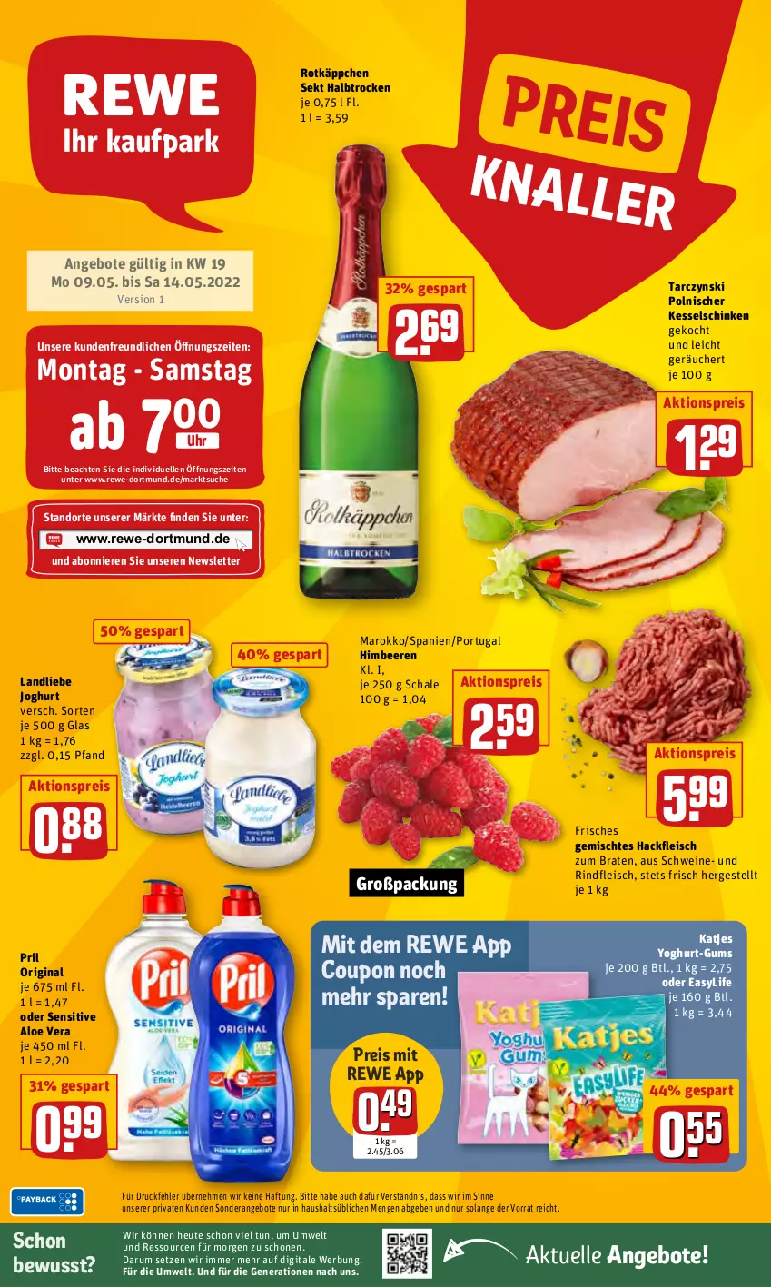 Aktueller Prospekt Rewe - REWE Ihr Kaufpark - von 09.05 bis 14.05.2022 - strona 1 - produkty: aktionspreis, aloe vera, angebot, angebote, beere, beeren, braten, coupon, eis, elle, fleisch, gin, hackfleisch, Heu, himbeer, himbeere, himbeeren, joghur, joghurt, katjes, landliebe, landliebe joghurt, pril, reis, rind, rindfleisch, rotkäppchen, rum, Schal, Schale, schinken, schwein, schweine, sekt, Ti, uhr, wein, weine, Yo, yoghurt