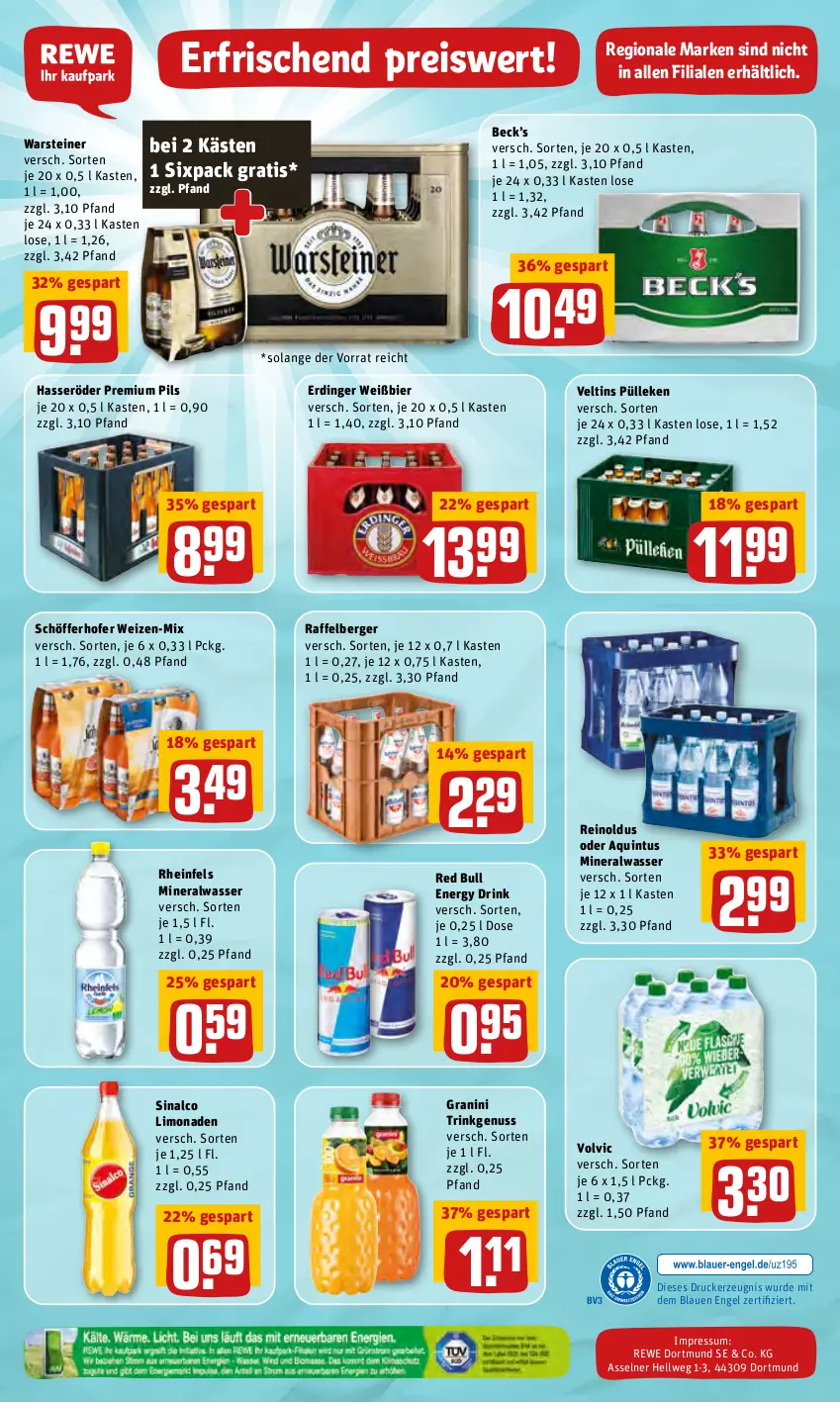 Aktueller Prospekt Rewe - REWE Ihr Kaufpark - von 09.05 bis 14.05.2022 - strona 24 - produkty: Alwa, Berger, bier, drink, drucker, eis, energy drink, Engel, erdinger, granini, hasseröder, kerze, limo, limonade, limonaden, mineralwasser, nuss, pils, premium pils, red bull, reis, schöfferhofer, sinalco, steiner, Ti, veltins, volvic, warsteiner, wasser