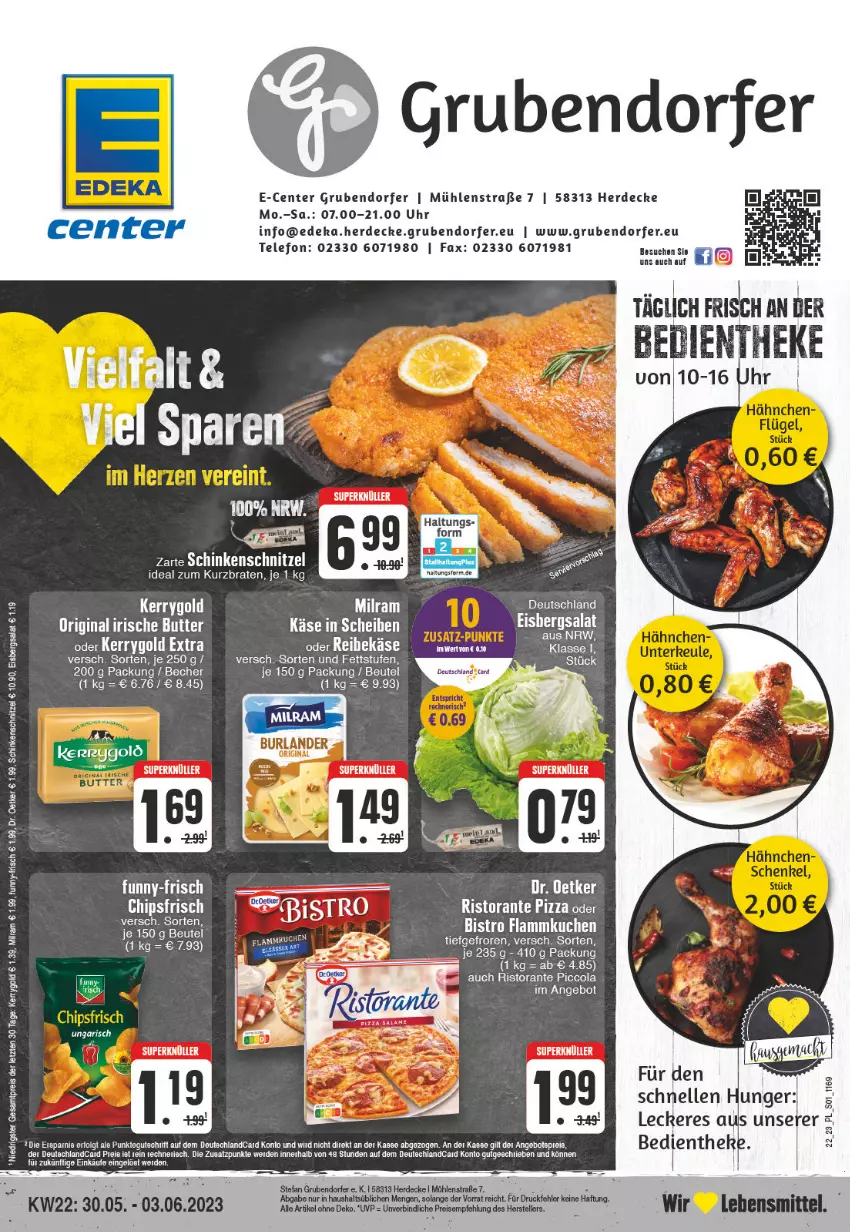 Aktueller Prospekt E Center - Angebote der Woche - von 29.05 bis 03.06.2023 - strona 1 - produkty: angebot, Becher, beutel, braten, chips, chipsfrisch, cola, decke, deka, deutschlandcard, elle, ente, erde, flammkuchen, kerrygold, kerrygold extra, kuchen, lamm, lebensmittel, pizza, ristorante, ristorante pizza, schinken, schinkenschnitzel, schnitzel, telefon, Ti, uhr