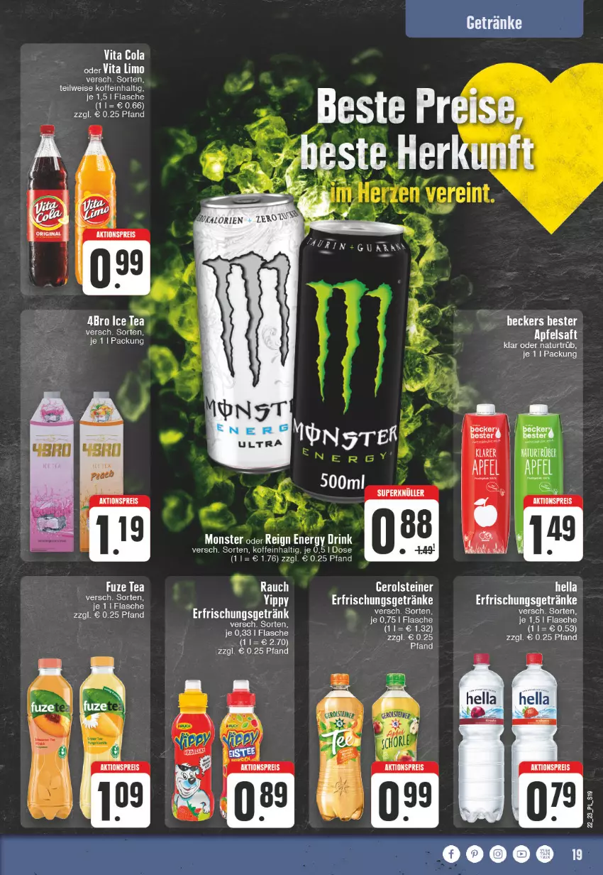 Aktueller Prospekt E Center - Angebote der Woche - von 29.05 bis 03.06.2023 - strona 19 - produkty: aktionspreis, cola, drink, eis, elle, energy drink, erfrischungsgetränk, erfrischungsgetränke, flasche, getränk, getränke, limo, monster, natur, Rauch, reis, Ti, vita, Vita C