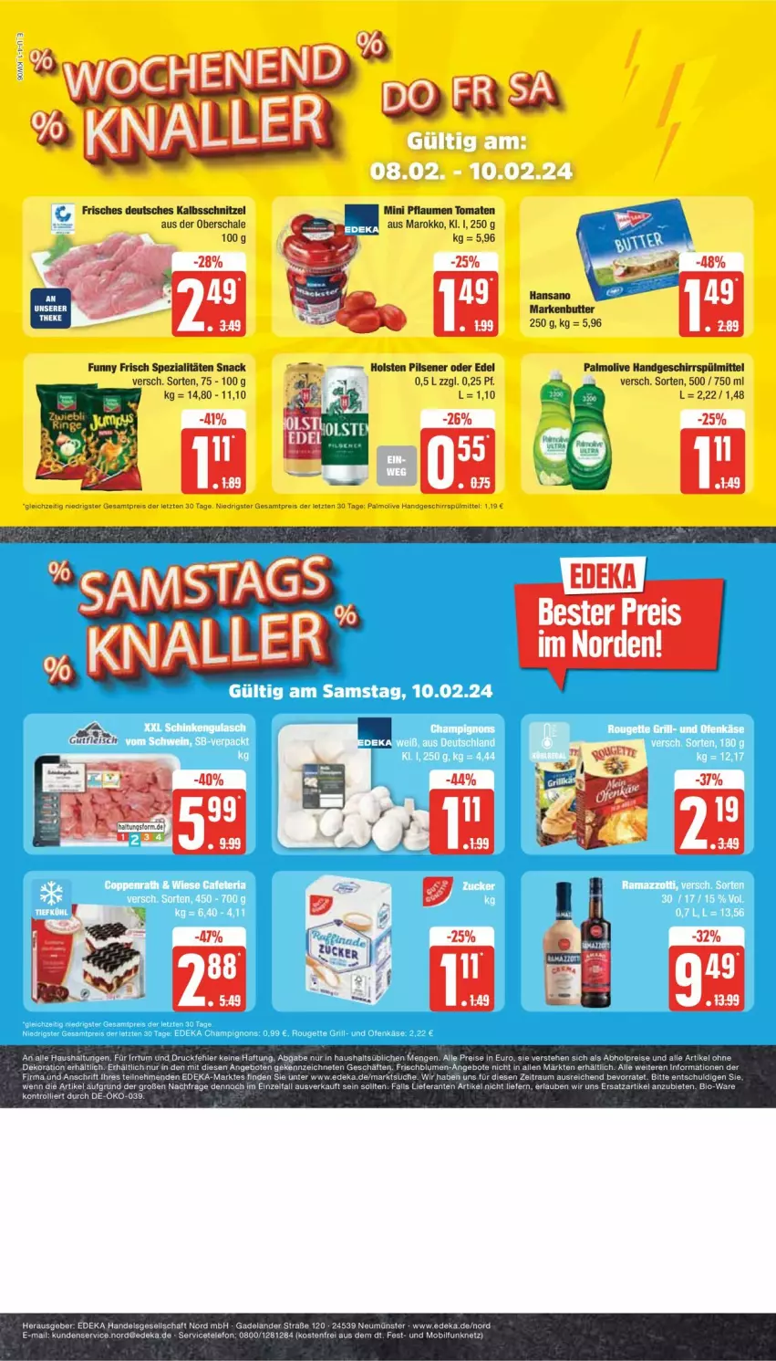 Aktueller Prospekt Edeka - Prospekte - von 05.02 bis 10.02.2024 - strona 4 - produkty: abholpreise, alle artikel ohne dekoration, angebot, angebote, bio, blume, blumen, butter, deka, dekoration, eis, Elan, Funny Frisch, geschirr, geschirrspülmittel, holsten, holsten pilsener, kalbsschnitzel, markenbutter, olive, palmolive, pflaume, pflaumen, pils, pilsener, reis, Schal, Schale, schnitzel, snack, Spezi, spülmittel, telefon, Ti, tomate, tomaten