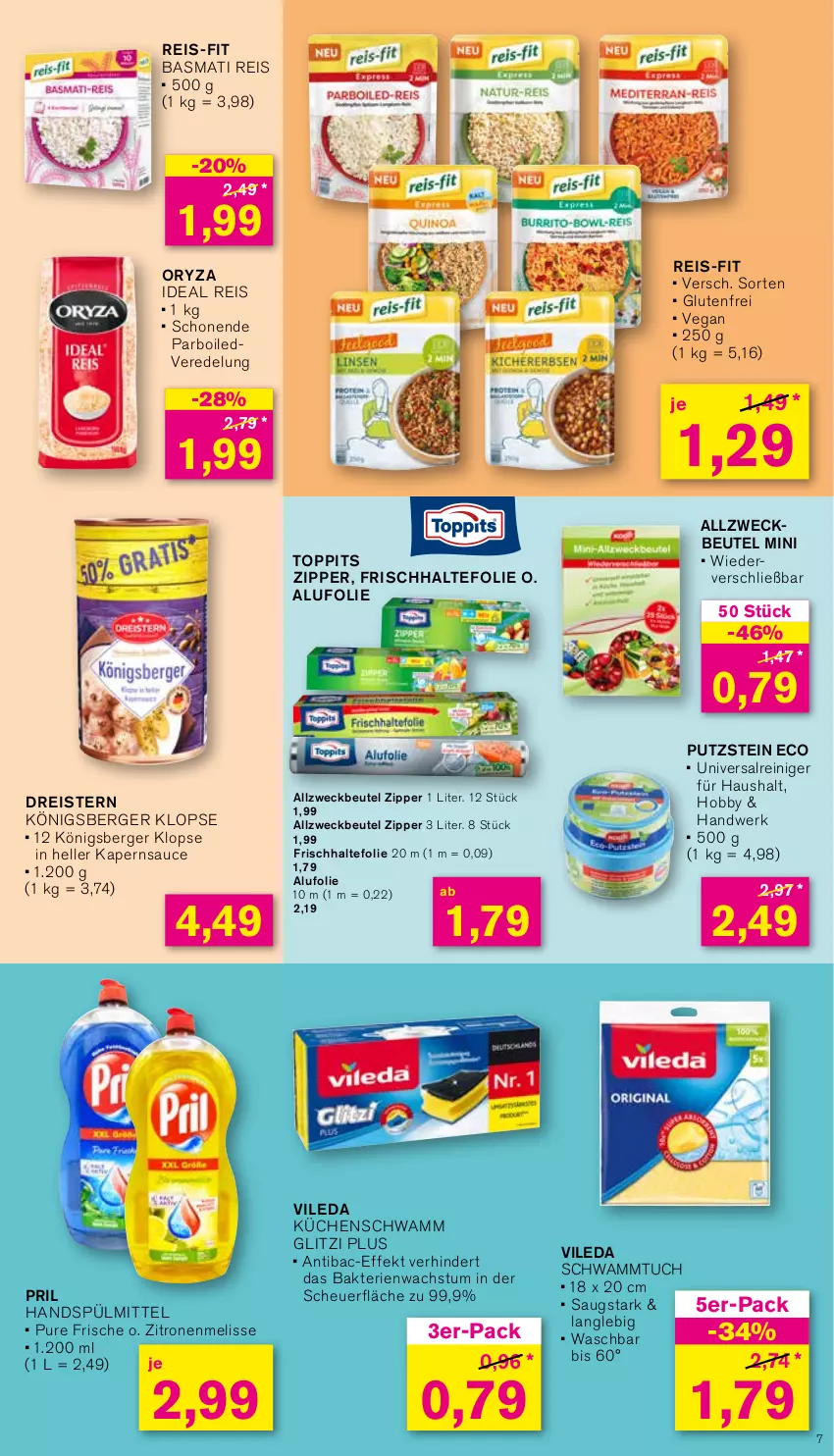 Aktueller Prospekt Kodi - Prospekte - von 27.05 bis 02.06.2024 - strona 7 - produkty: Allzweckbeutel, basmati, Basmati Reis, Berger, beutel, dreistern, eis, elle, frischhaltefolie, Heu, Hobby, Königsberger Klopse, küche, Küchen, oryza, pril, reiniger, reis, reis-fit, sauce, schwamm, Schwammtuch, spülmittel, Ti, toppits, tuc, vileda, weck, zipper, zitrone, zitronen