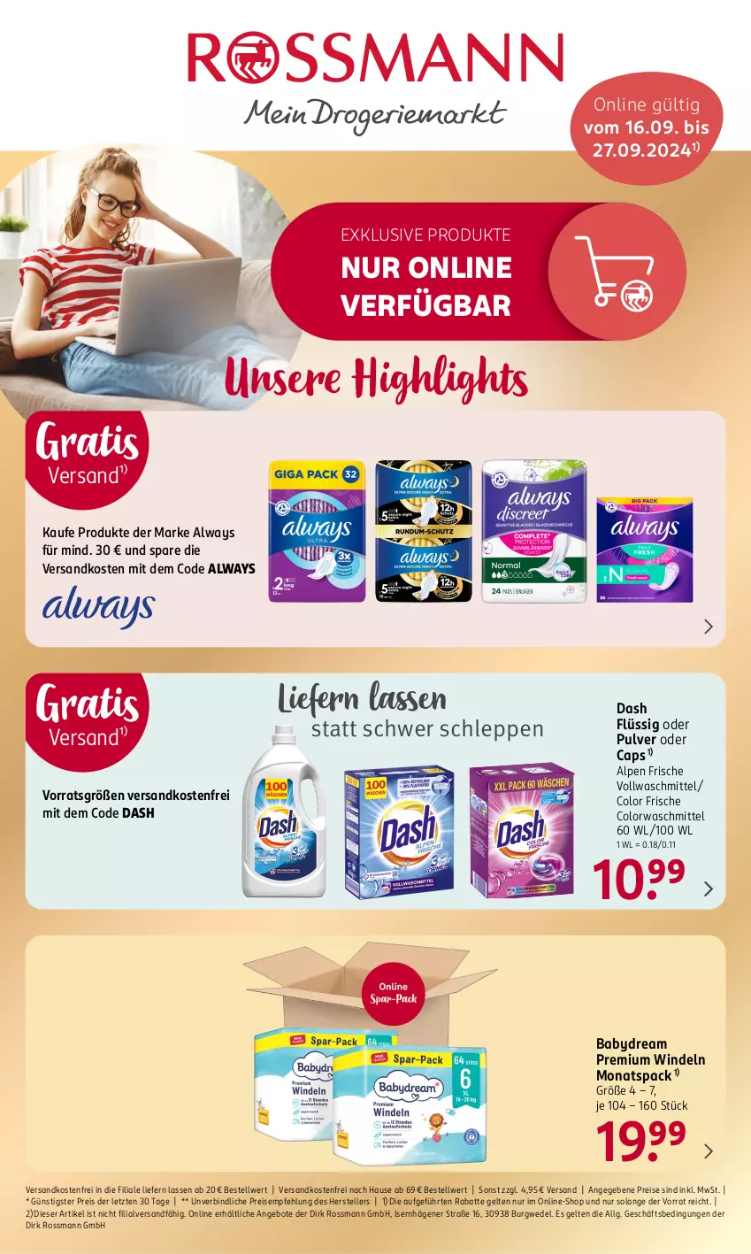 Aktueller Prospekt Rossmann - Prospekte - von 16.09 bis 27.09.2024 - strona 1 - produkty: Alwa, Always, angebot, angebote, babydream, Cap, colorwaschmittel, eis, elle, LG, ndk, reis, teller, Ti, versandkostenfrei, vollwaschmittel, waschmittel, wedel, windeln, ZTE