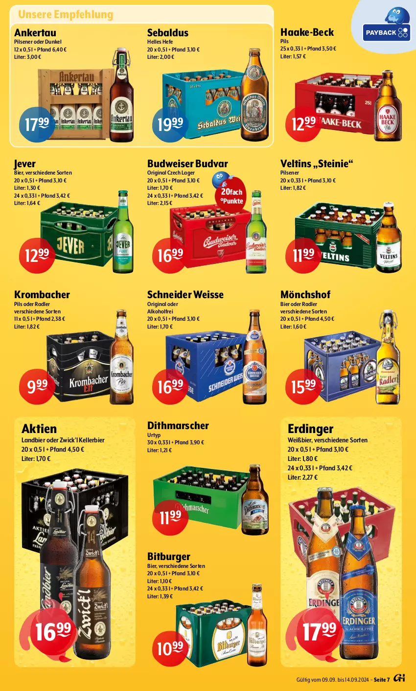 Aktueller Prospekt Getraenke Hoffmann - Prospekte - von 09.09 bis 14.09.2024 - strona 7 - produkty: alkohol, bier, bitburger, budweiser, burger, eis, elle, erdinger, gin, Hefe, jever, kellerbier, krombache, krombacher, krombacher pils, mars, mönchshof, oder radler, pils, pilsener, radler, Ti, urtyp, veltins, WICK