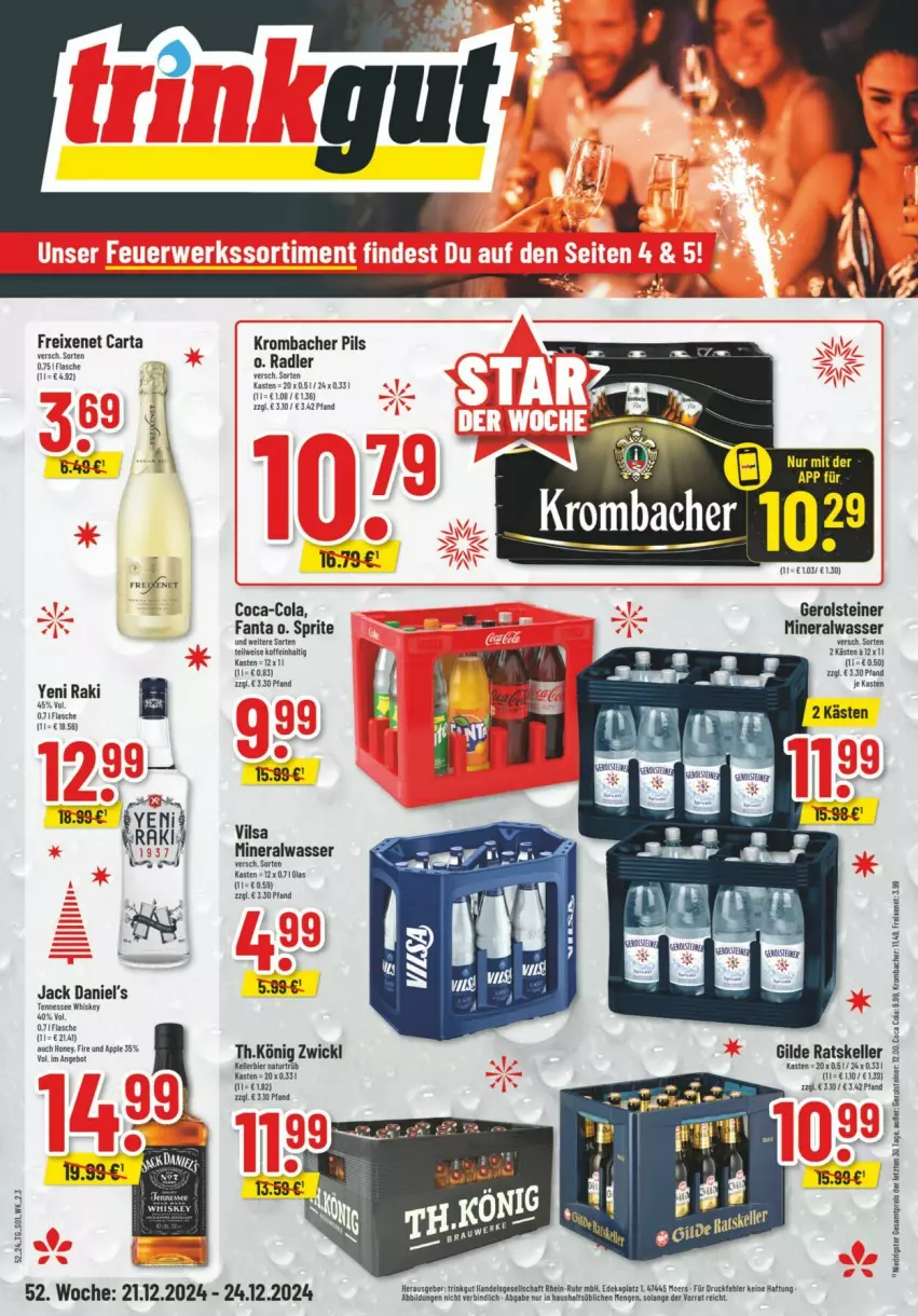 Aktueller Prospekt Trinkgut - Prospekte - von 22.12 bis 28.12.2024 - strona 1 - produkty: Alwa, Apple, bier, coca-cola, cola, eis, elle, fanta, flasche, freixenet, gerolsteine, gerolsteiner, jack daniel, jack daniel's, kellerbier, krombache, krombacher, krombacher pils, mineralwasser, natur, pils, radler, reis, sac, sprite, steiner, tennessee whiskey, vilsa, wasser, whiskey, WICK, yeni raki, ZTE