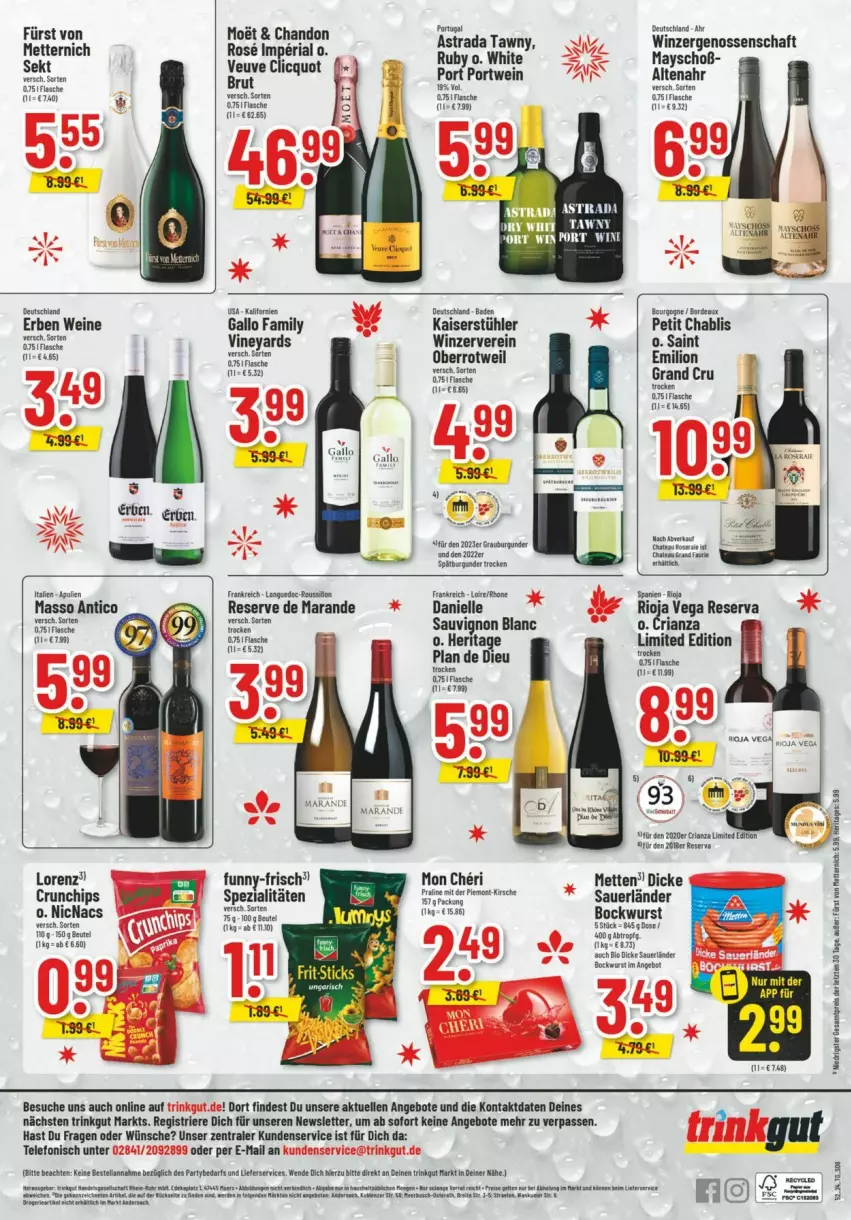 Aktueller Prospekt Trinkgut - Prospekte - von 22.12 bis 28.12.2024 - strona 8 - produkty: angebot, angebote, auer, bockwurst, brut, burgunder, chips, crunchips, elle, flasche, funny-frisch, gallo, gallo family, Kaiser, lion, lorenz, mam, Mett, metternich, Portwein, Ria, ring, rioja, sauvignon, sauvignon blanc, spätburgunder, Spezi, Stühl, tee, telefon, Ti, wein, weine, wurst