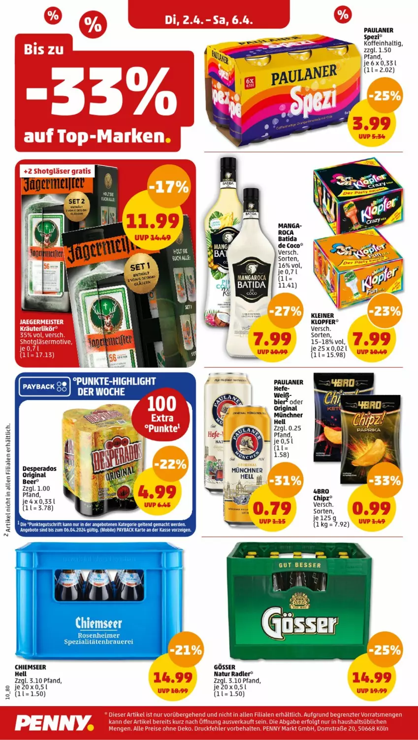 Aktueller Prospekt Penny - Prospekte - von 01.04 bis 06.04.2024 - strona 10 - produkty: angebot, angebote, auer, bier, desperados, eimer, ente, Germ, gin, gösser, kleiner klopfer, leine, natur, natur radler, Paula, paulaner, payback, radler, rosen, Spezi, tee, Ti