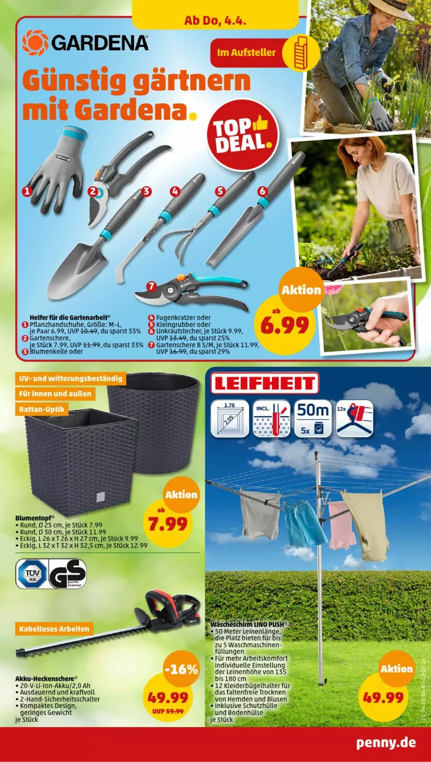 Aktueller Prospekt Penny - Prospekte - von 01.04 bis 06.04.2024 - strona 19 - produkty: akku, akku-heckenschere, auer, blume, blumen, bluse, elle, gardena, Garten, Gartenschere, handschuhe, heckenschere, hemd, hemden, kraft, Kraut, leine, ring, Schal, Schere, schuhe, schutzhülle, Ti, topf, waschmaschine, waschmaschinen