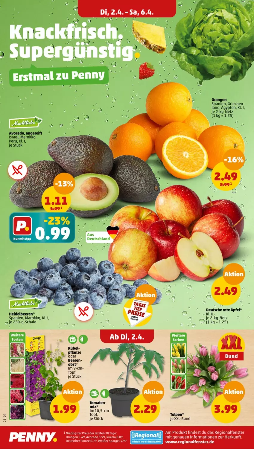 Aktueller Prospekt Penny - Prospekte - von 01.04 bis 06.04.2024 - strona 2 - produkty: avocado, beere, beeren, cola, eis, fenster, heidelbeere, heidelbeeren, obst, orange, orangen, pflanze, reis, rucola, Schal, Schale, spargel, Ti, tomate, tomaten, topf, ZTE