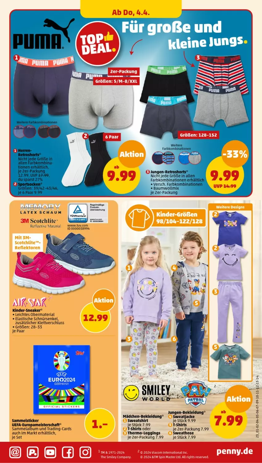 Aktueller Prospekt Penny - Prospekte - von 01.04 bis 06.04.2024 - strona 21 - produkty: asti, eis, Germ, gin, hose, Jacke, Kinder, kleid, Kleidung, leggings, leine, Meister, Ria, scotch, shirt, shirts, sneaker, Sweathose, sweatjacke, Sweatshirt, T-Shirt, Ti, tisch