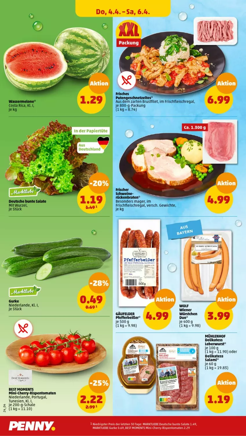 Aktueller Prospekt Penny - Prospekte - von 01.04 bis 06.04.2024 - strona 22 - produkty: braten, brustfilet, bunte salate, eis, filet, fleisch, geschnetzeltes, gurke, leberwurst, melone, pfeffer, Pfefferbeißer, pute, Putengeschnetzeltes, regal, reis, rispentomaten, Rückenbraten, salami, salat, salate, Schal, Schale, schwein, schweine, tomate, tomaten, wasser, wassermelone, wein, weine, wiener, wurst, würstchen, Zelt, ZTE