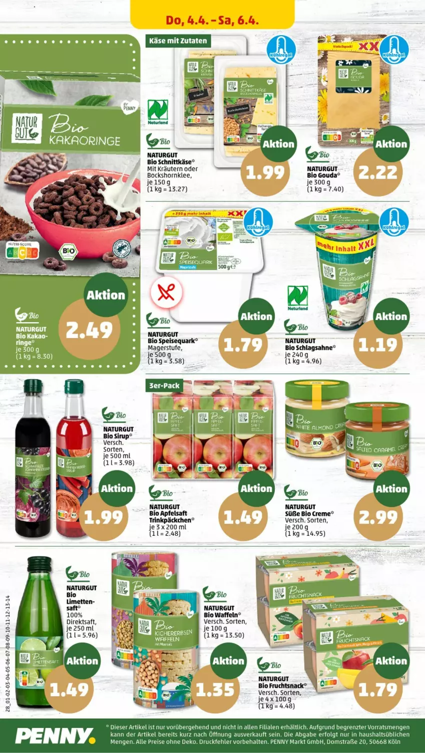 Aktueller Prospekt Penny - Prospekte - von 01.04 bis 06.04.2024 - strona 26 - produkty: apfel, apfelsaft, bio, creme, eis, erbsen, frucht, gouda, Käse, kichererbsen, kräuter, kräutern, LG, limette, limetten, Mett, metten, natur, quark, reis, ring, saft, sahne, schlagsahne, schnittkäse, sirup, snack, speisequark, Ti, waffeln, ZTE