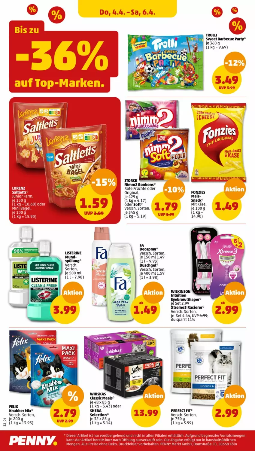 Aktueller Prospekt Penny - Prospekte - von 01.04 bis 06.04.2024 - strona 30 - produkty: barbecue, bonbons, deo, deospray, duschgel, felix, früchte, gin, Käse, listerine, mais, nimm2, Perfect Fit, rasierer, sheba, snack, spülung, storck, Ti, Tiere, trolli, whiskas, wilkinson