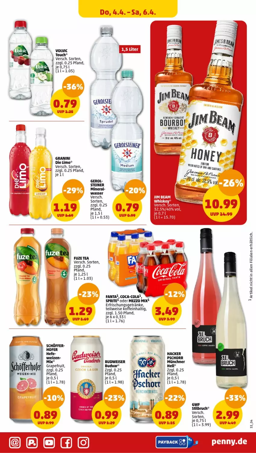 Aktueller Prospekt Penny - Prospekte - von 01.04 bis 06.04.2024 - strona 31 - produkty: Brei, budweiser, coca-cola, cola, eis, fanta, fuzetea, granini, grapefruit, Hefe, jim beam, kentucky straight, limo, Mezzo Mix, payback, sprite, steiner, Ti, tuc, volvic, wasser, whiskey