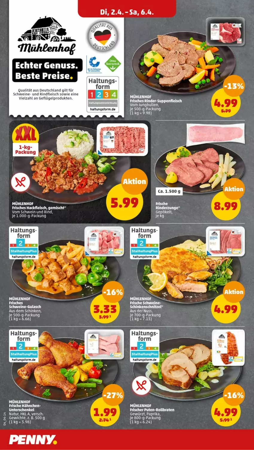 Aktueller Prospekt Penny - Prospekte - von 01.04 bis 06.04.2024 - strona 4 - produkty: braten, eis, fleisch, Frische Hähnchen, Geflügel, gulasch, hackfleisch, henkel, jungbullen, natur, pute, rind, rinder, Rinderzunge, rindfleisch, rollbraten, schenkel, schinken, schwein, schwein und rind, schweine, vom schwein und rind, wein, weine