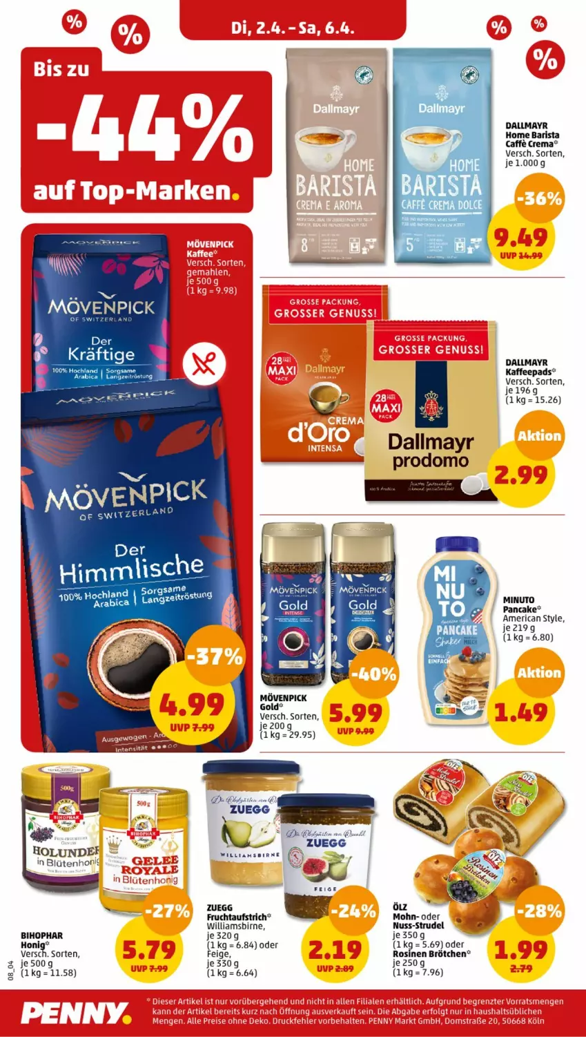 Aktueller Prospekt Penny - Prospekte - von 01.04 bis 06.04.2024 - strona 8 - produkty: aufstrich, bihophar, Blüte, brötchen, caffe, dallmayr, dallmayr prodomo, frucht, fruchtaufstrich, hochland, holunder, honig, kaffee, kaffeepads, mövenpick, nuss, prodomo, Strudel, zuegg