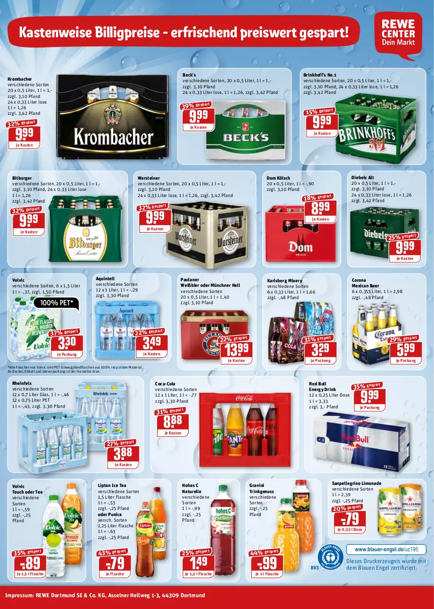 Aktueller Prospekt Rewe - Prospekte - von 27.12.2021 bis 02.01.2022 - strona 24 - produkty: bier, bitburger, burger, coca-cola, cola, corona, decke, Deckel, diebels, drink, drucker, eis, elle, energy drink, Engel, flasche, granini, Hohes C, ice tea, Intel, karlsberg, karlsberg mixery, kerze, krombache, krombacher, limo, limonade, lipton, lipton ice tea, Mixer, mixery, natur, nuss, Paula, paulaner, punica, red bull, reis, rel, Ria, sanpellegrino, steiner, tee, teller, Ti, volvic, warsteiner