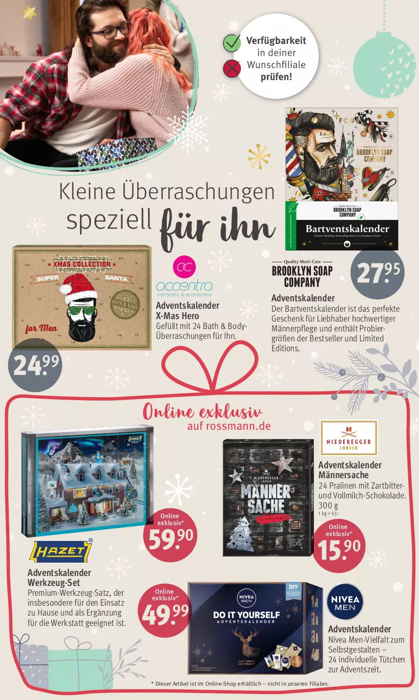 Aktueller Prospekt Rossmann - Prospekte - von 25.09 bis 15.10.2023 - strona 4 - produkty: Adventskalender, bier, body, elle, hero, leine, milch, nivea, Nivea Men, pralinen, sac, schoko, schokolade, Spezi, Ti, vollmilch, werkzeug