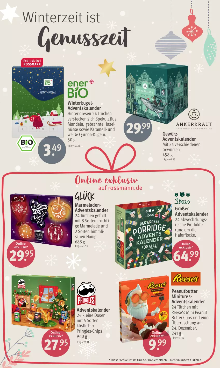 Aktueller Prospekt Rossmann - Prospekte - von 25.09 bis 15.10.2023 - strona 6 - produkty: Adventskalender, butter, chips, frucht, gewürz, hafer, honig, karamell, Kugel, leine, mandel, mandeln, marmelade, nuss, peanut butter, pringles, quinoa, resa, ring, Ti