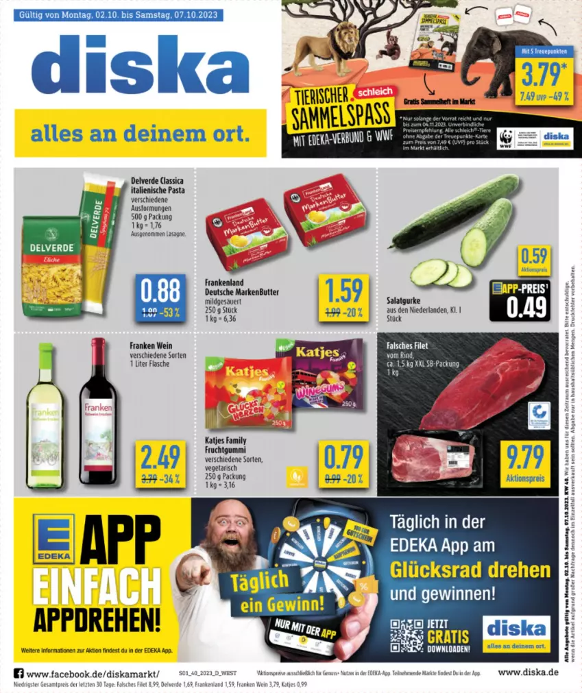 Aktueller Prospekt Diska - Prospekte - von 02.10 bis 07.10.2023 - strona 1 - produkty: aktionspreis, angebot, angebote, butter, deka, eis, erde, Falsches Filet, filet, flasche, frucht, fruchtgummi, gurke, italienische pasta, katjes, lasagne, markenbutter, nuss, pasta, reis, salat, Salatgurke, tee, Ti, Vegeta, wein, ZTE