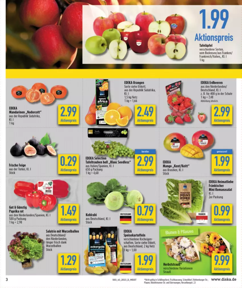 Aktueller Prospekt Diska - Prospekte - von 02.10 bis 07.10.2023 - strona 3 - produkty: aktionspreis, ball, beere, beeren, burger, deka, eis, erdbeere, erdbeeren, fisch, kartoffel, kartoffeln, kohlrabi, mandarine, mandarinen, mango, nuss, orange, orangen, paprika, paprika rot, reis, Romanasalat, salat, Schal, Schale, speisekartoffeln, tafeläpfel, Ti, trauben