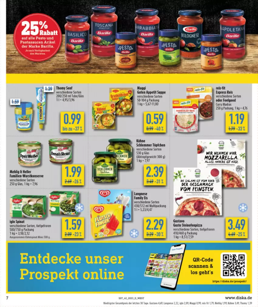 Aktueller Prospekt Diska - Prospekte - von 02.10 bis 07.10.2023 - strona 7 - produkty: barilla, curry, eis, elle, iglo, Käse, Kühne, LG, mac, maggi, mehl, mozzarella, Ofen, pasta, pesto, pizza, reis, reis-fit, rel, rind, salami, sauce, saucen, senf, spinat, steinofen, suppe, thomy, Ti, wurst