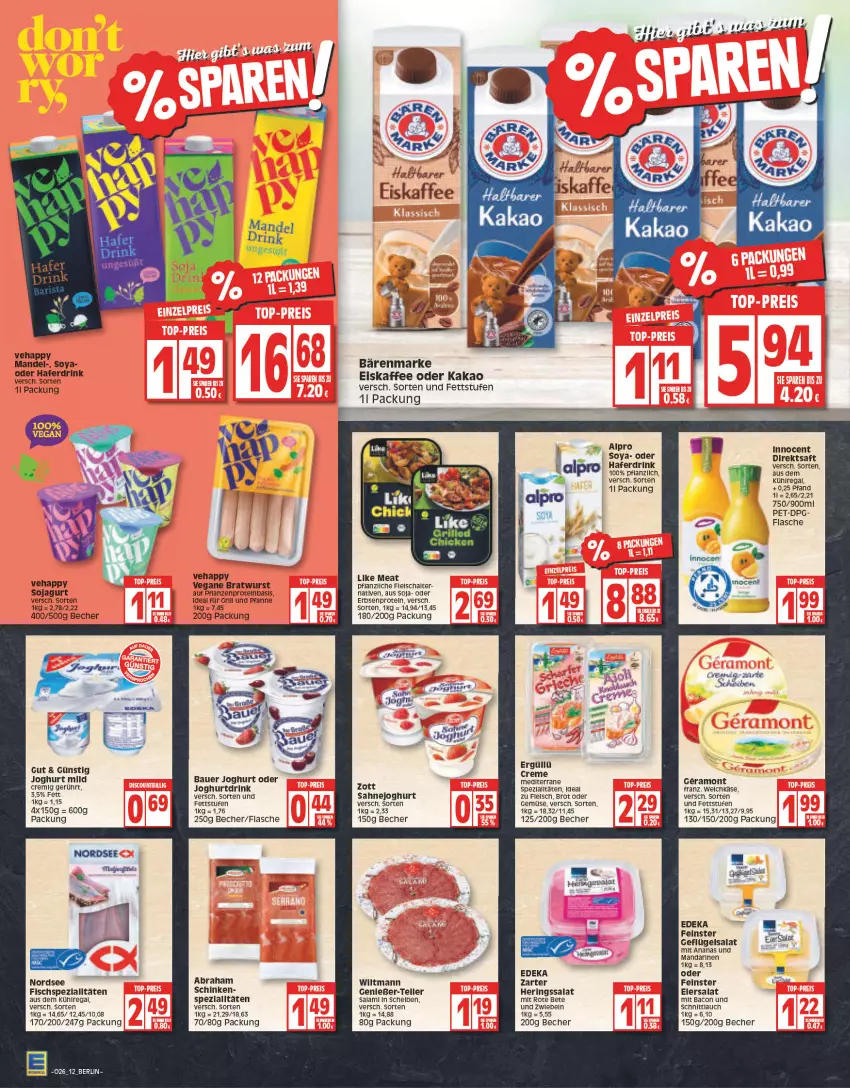 Aktueller Prospekt Edeka - Angebote der Woche - von 27.06 bis 02.07.2022 - strona 12 - produkty: alpro, ananas, aus dem kühlregal, bacon, bärenmarke, Becher, bratwurst, brot, deka, direktsaft, drink, eis, eiskaffee, elle, erbsen, fisch, flasche, fleisch, für grill und pfanne, Geflügel, geflügelsalat, grill, grill und pfanne, hafer, Haferdrink, hering, Herings, ideal für grill, ideal für grill und pfanne, Innocent, joghur, joghurt, Joghurtdrink, kaffee, kakao, Käse, kühlregal, LG, Like Meat, mandarine, mandarinen, mandel, merl, Nordsee, pfanne, pflanze, pflanzen, regal, ring, rote bete, saft, sahne, Sahnejoghurt, salami, salat, Schal, schinken, schnittlauch, soja, soya, teller, Ti, und pfanne, wiltmann, wurst, zott, zwiebel, zwiebeln