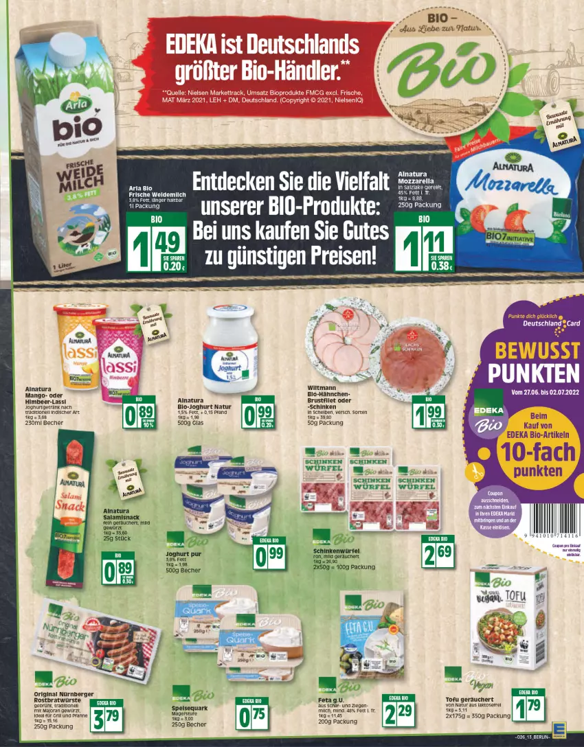 Aktueller Prospekt Edeka - Angebote der Woche - von 27.06 bis 02.07.2022 - strona 13 - produkty: arla, Becher, Berger, bio, brustfilet, coupon, deka, deutschland card, edeka bio, eis, feta, filet, für grill und pfanne, getränk, gewürz, gin, grill, grill und pfanne, himbeer, ideal für grill, ideal für grill und pfanne, joghur, joghurt, mango, milch, mozzarella, natur, natura, nürnberger, pfanne, reis, rel, salami, schinken, snack, Ti, Tofu, und pfanne, weidemilch, wiltmann, würfel