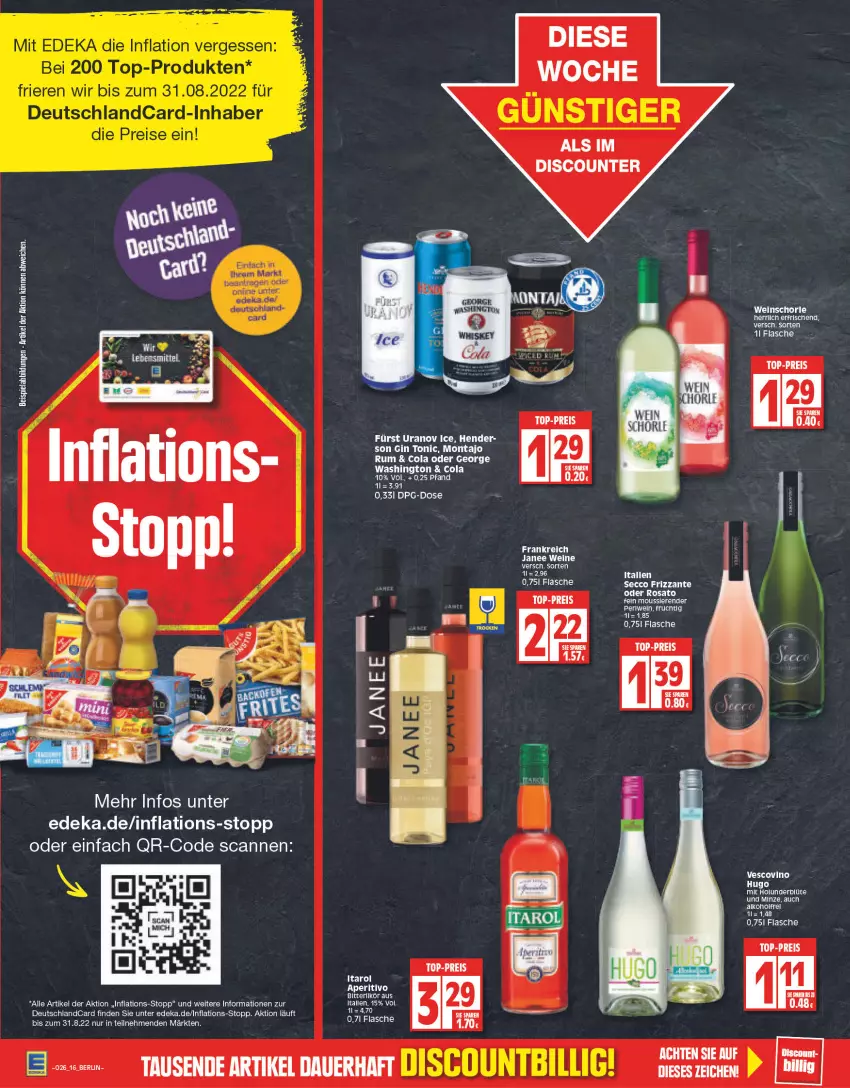 Aktueller Prospekt Edeka - Angebote der Woche - von 27.06 bis 02.07.2022 - strona 16 - produkty: alkohol, Blüte, cola, deka, deutschlandcard, discount, ecco, eis, flasche, frizzante, frucht, gin, holunder, holunderblüte, hugo, minze, reis, rel, rum, schorle, tee, Ti, tonic, top-preis, vescovino, wein, weinschorle