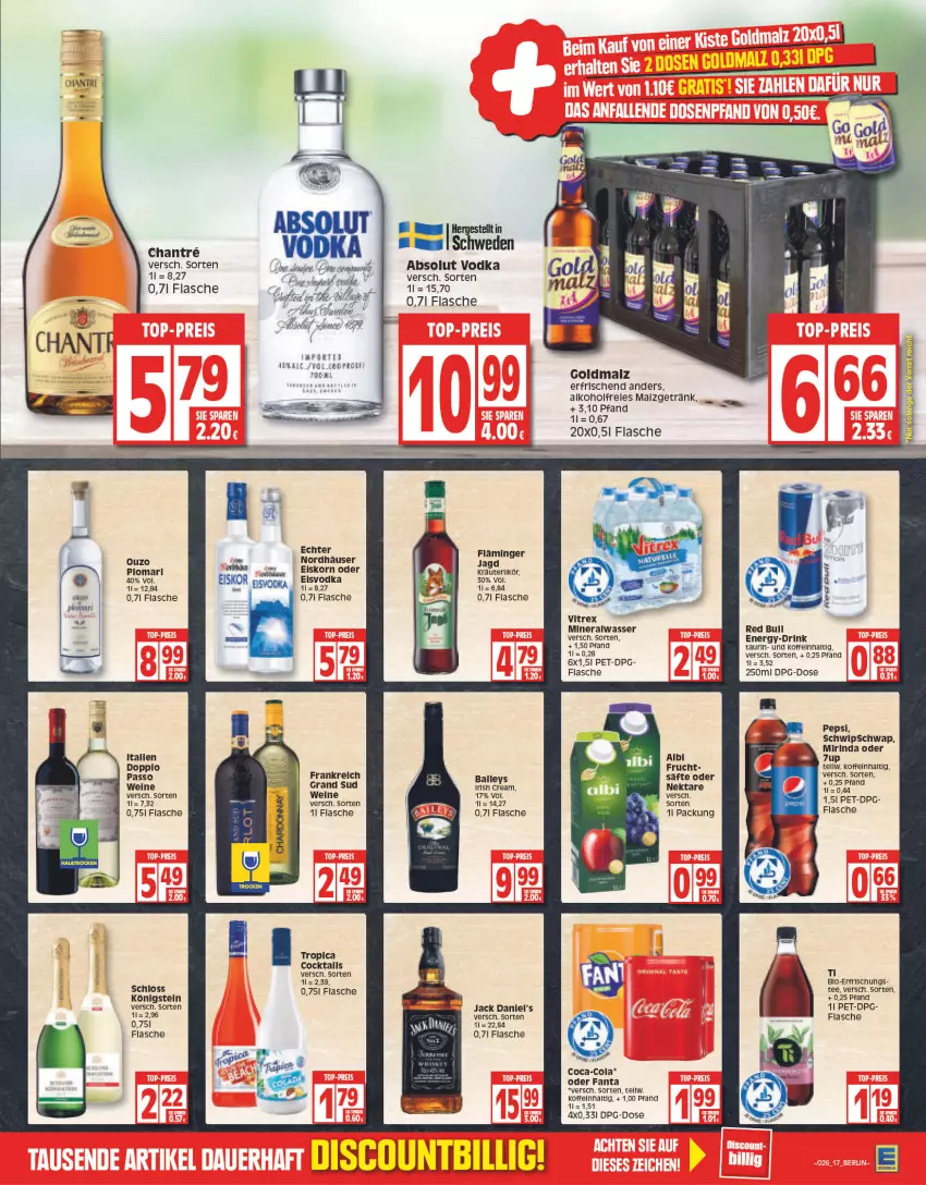 Aktueller Prospekt Edeka - Angebote der Woche - von 27.06 bis 02.07.2022 - strona 17 - produkty: 7UP, Absolut Vodka, alkohol, Alwa, baileys, bio, coca-cola, cocktail, cocktails, cola, doppio passo, drink, eis, fanta, flasche, frucht, getränk, grand sud, HP, jack daniel, jack daniel's, korn, kräuter, malz, mineralwasser, Mirinda, Nektar, ouzo, passo, pepsi, Popp, red bull, rel, rind, säfte, tee, Ti, usb, vitrex, vodka, wasser, wein, weine