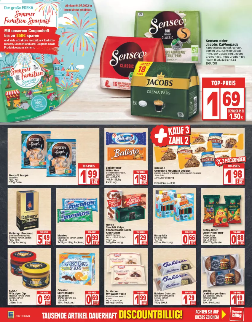 Aktueller Prospekt Edeka - Angebote der Woche - von 27.06 bis 02.07.2022 - strona 18 - produkty: after eight, bahlsen, balisto, beutel, bohne, bohnen, burger, chips, chipsfrisch, choclait chips, choco crossies, cola, comtess, cookie, cookies, crossies, dallmayr, dallmayr prodomo, deka, dip, Dr. Oetker, drink, drinks, eis, funny-frisch, griesson, jacobs, kaffee, kaffeepads, kuchen, LG, malz, mentos, milky way, my sweet table, nuggets, oder jacobs, Ofen, orange, prodomo, reis, saft, schnitten, schoko, schokolade, schokoladen, senseo, Ti, tortilla, Tortilla Chips, zitrone, ZTE