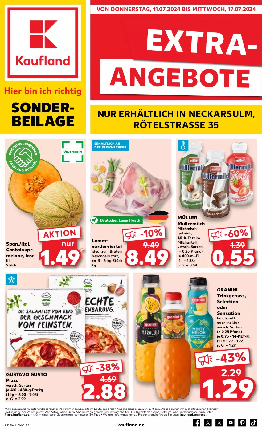 Aktueller Prospekt Kaufland - Extra-Angebote - von 11.07 bis 17.07.2024 - strona 1 - produkty: angebot, angebote, braten, eis, fleisch, frucht, fruchtsaft, getränk, granini, ideal zum braten, ilag, lamm, Lammfleisch, melone, milch, Müller, müllermilch, Nektar, nuss, pizza, reis, saft, Ti, ZTE