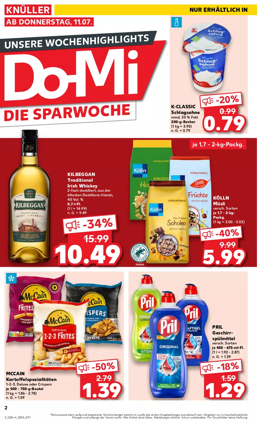 Aktueller Prospekt Kaufland - Extra-Angebote - von 11.07 bis 17.07.2024 - strona 2 - produkty: angebot, Becher, beutel, geschirr, geschirrspülmittel, irish whiskey, kartoffel, kilbeggan, kölln, mccain, müsli, pril, sahne, schlagsahne, Spezi, spülmittel, Ti, whiskey, ZTE