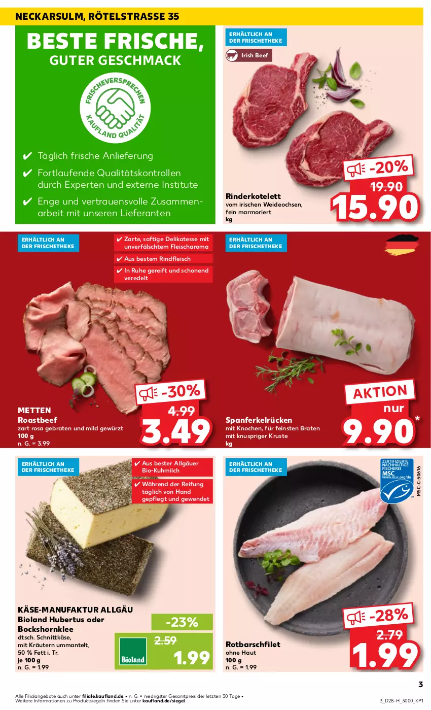 Aktueller Prospekt Kaufland - Extra-Angebote - von 11.07 bis 17.07.2024 - strona 3 - produkty: angebot, angebote, beef, bio, bioland, braten, deo, eis, Faktu, filet, fleisch, gewürz, Käse, kotelett, kräuter, kräutern, Laufen, LG, mac, Mantel, Mett, metten, milch, reis, rind, rinder, rindfleisch, roastbeef, Rotbarsch, rotbarschfilet, saft, schnittkäse, Ti, ZTE