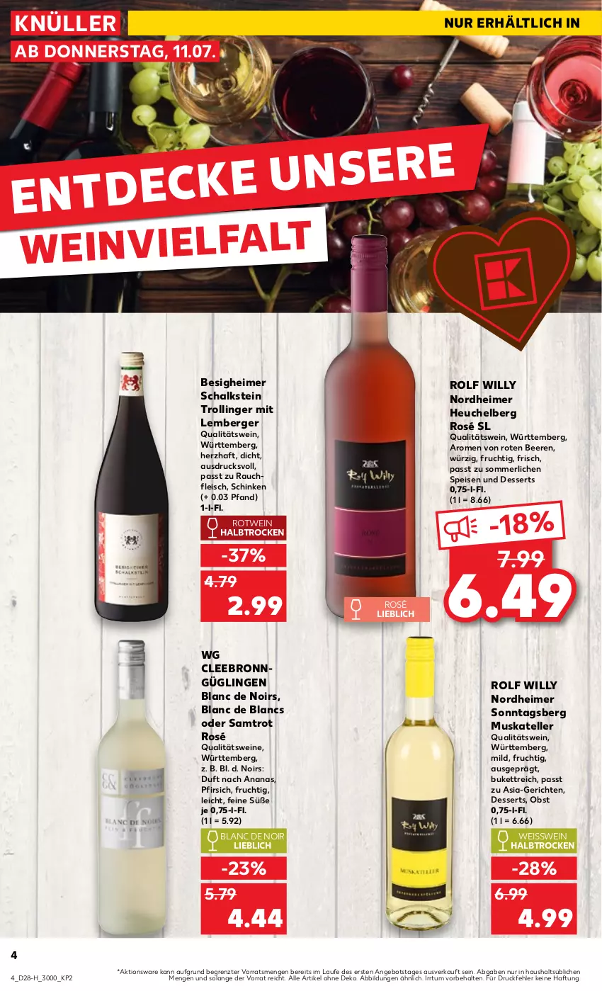 Aktueller Prospekt Kaufland - Extra-Angebote - von 11.07 bis 17.07.2024 - strona 4 - produkty: ananas, angebot, beere, beeren, Berger, de blancs, decke, dessert, desserts, eimer, eis, elle, fleisch, frucht, Heu, merl, obst, pfirsich, qualitätswein, qualitätsweine, Rauch, rotwein, Schal, schinken, teller, Ti, trolli, trollinger, wein, weine, ZTE