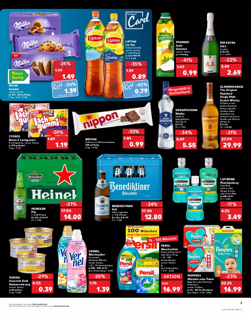 Aktueller Prospekt Kaufland - von 28.04 bis 04.05.2022 - strona 3 - produkty: angebot, angebote, Benediktiner, beutel, bier, bourbon, citrus, eis, eistee, elle, frucht, fruchtgummi, fruchtgummis, getränk, gin, ginger, Gorbatschow, gorbatschow wodka, gourmet gold, heineken, ice tea, katzennahrung, lachgummi, Lagerbier, lipton, lipton ice tea, listerine, milch, milka, mint, mm extra, mundspülung, Nimm 2, nippon, pampers, Pants, persil, persil waschmittel, pfanne, Pfanner, pfirsich, pils, purina, reis, saft, schoko, schokolade, scotch, scotch whisky, sekt, single malt, spülung, storck, tee, Ti, vanille, vernel, waschmittel, weichspüler, whisky, windeln, windeln oder pants, wodka