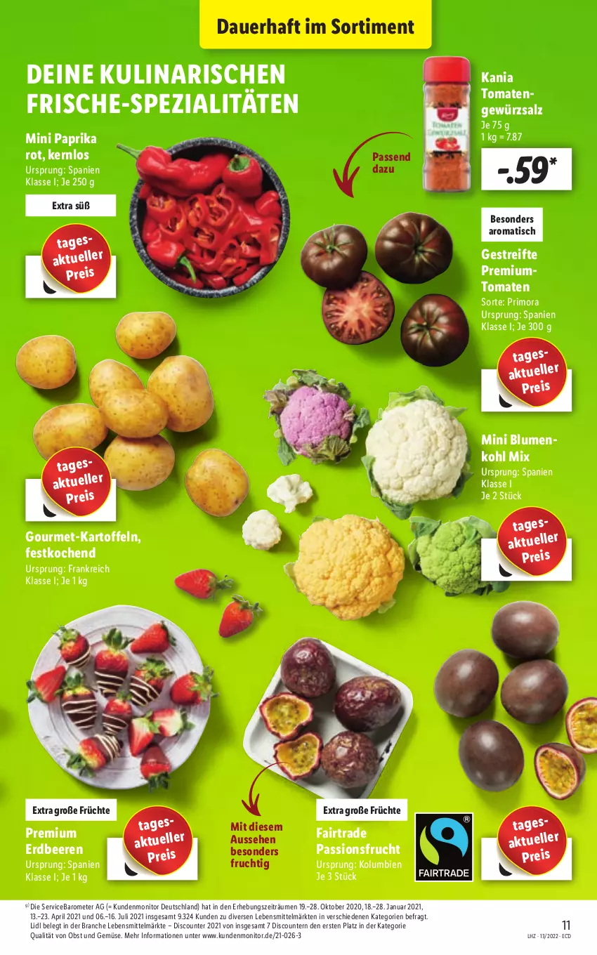 Aktueller Prospekt Lidl - Aktionsprospekt - von 28.03 bis 02.04.2022 - strona 11 - produkty: auer, beere, beeren, blume, blumen, blumenkohl, discount, eis, elle, erdbeere, erdbeeren, frucht, früchte, gewürz, gewürzsalz, kartoffel, kartoffeln, lebensmittel, monitor, obst, Obst und Gemüse, paprika, paprika rot, passionsfrucht, pril, reis, salz, Spezi, Ti, tisch, tomate, tomaten, und gemüse