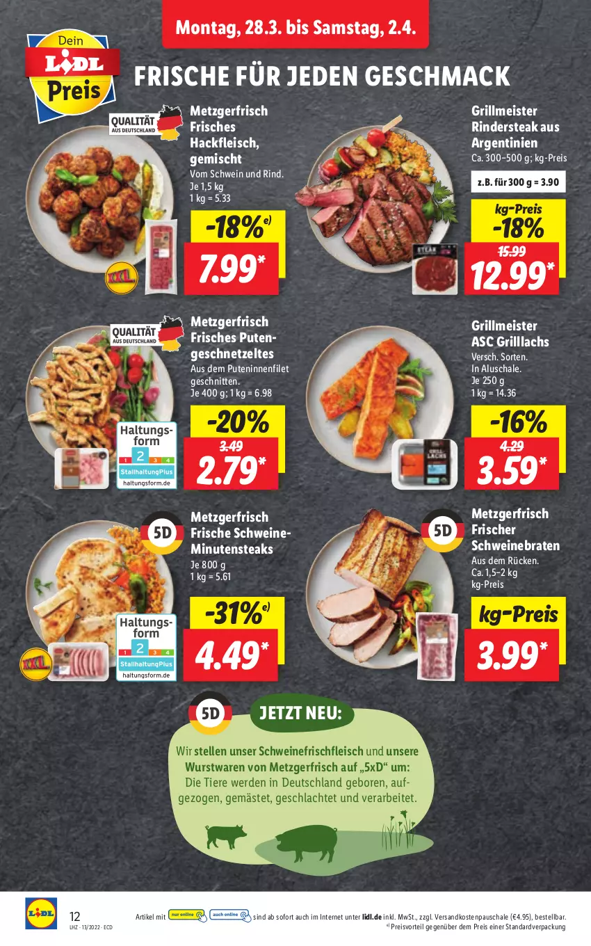 Aktueller Prospekt Lidl - Aktionsprospekt - von 28.03 bis 02.04.2022 - strona 12 - produkty: braten, eis, elle, erde, filet, fleisch, geschnetzeltes, grill, hackfleisch, lachs, mac, Meister, minutensteaks, ndk, preisvorteil, pute, reis, rind, rinder, Rindersteak, Schal, Schale, schnitten, schwein, schwein und rind, schweine, schweinebraten, steak, steaks, Ti, Tiere, vom schwein und rind, wein, weine, wurst, Zelt